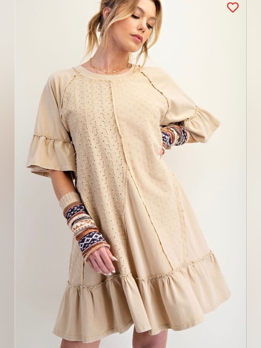 Easel Mineral Washed Cotton Eyelet Ruffle Mini Dress – Small NWT